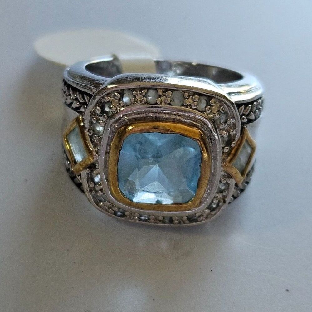 Silver Tone Gold Tone Accents Light Blue Rhinestone Ring Size 9